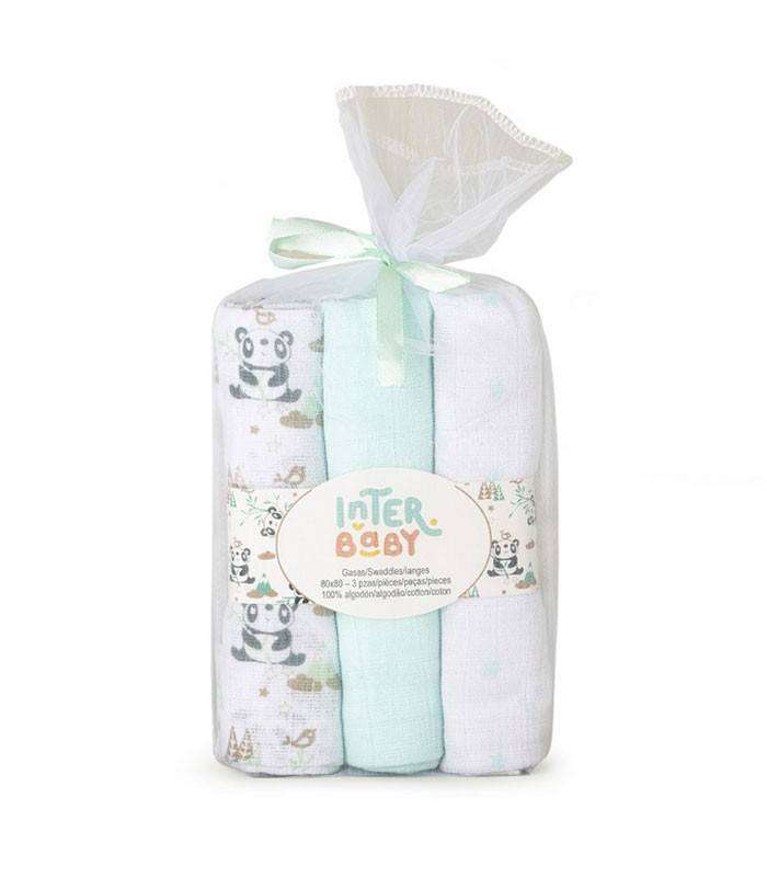GOTEXTIL | INTERBABY Pack de 3 Gasas Panda 98972P 80x80 cm