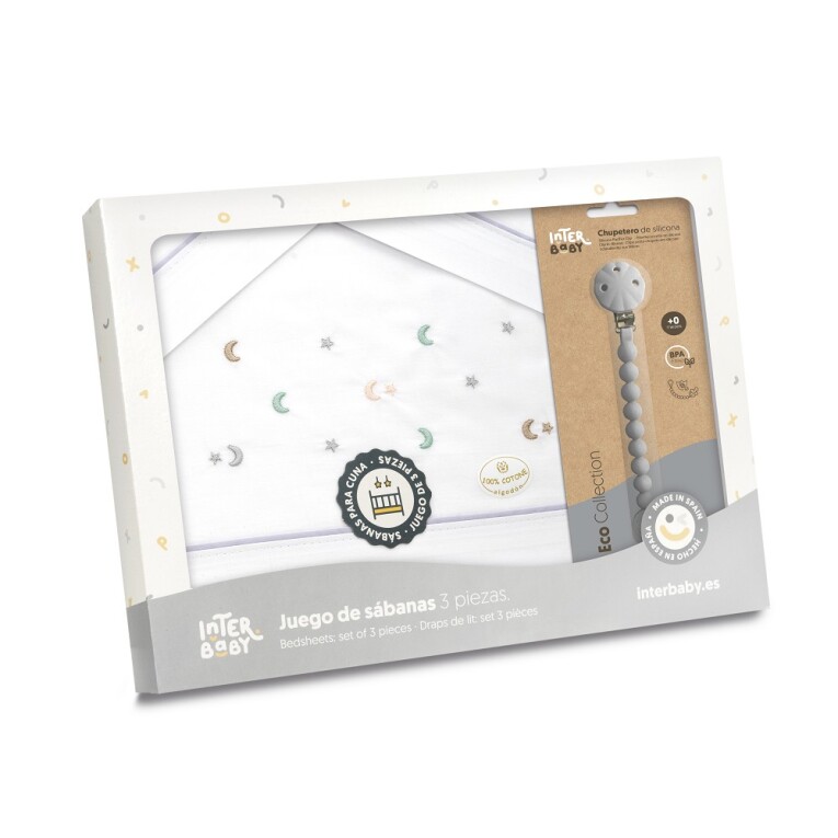 GOTEXTIL | TRÍPTICO CUNA BORDADO ESTRELLA LUNA + CHUPETERO 03335 INTERBABY