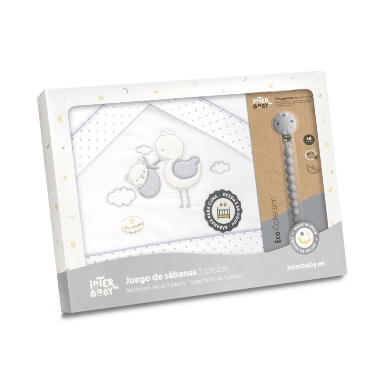 GOTEXTIL | TRÍPTICO CUNA BORDADO CIGUEÑA OSO + CHUPETERO 03338 INTERBABY