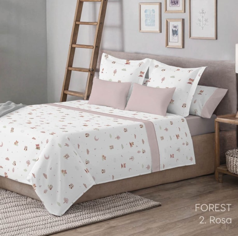 GOTEXTIL | Juego de sábanas infantil Forest rosa Kabely Kids Catotex cama 90